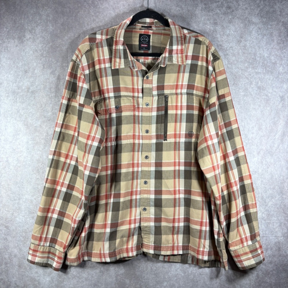 Wrangler Shirt Mens XXL Brown ATG All Terrain Gear Plaid Flannel Outdoor Hiking